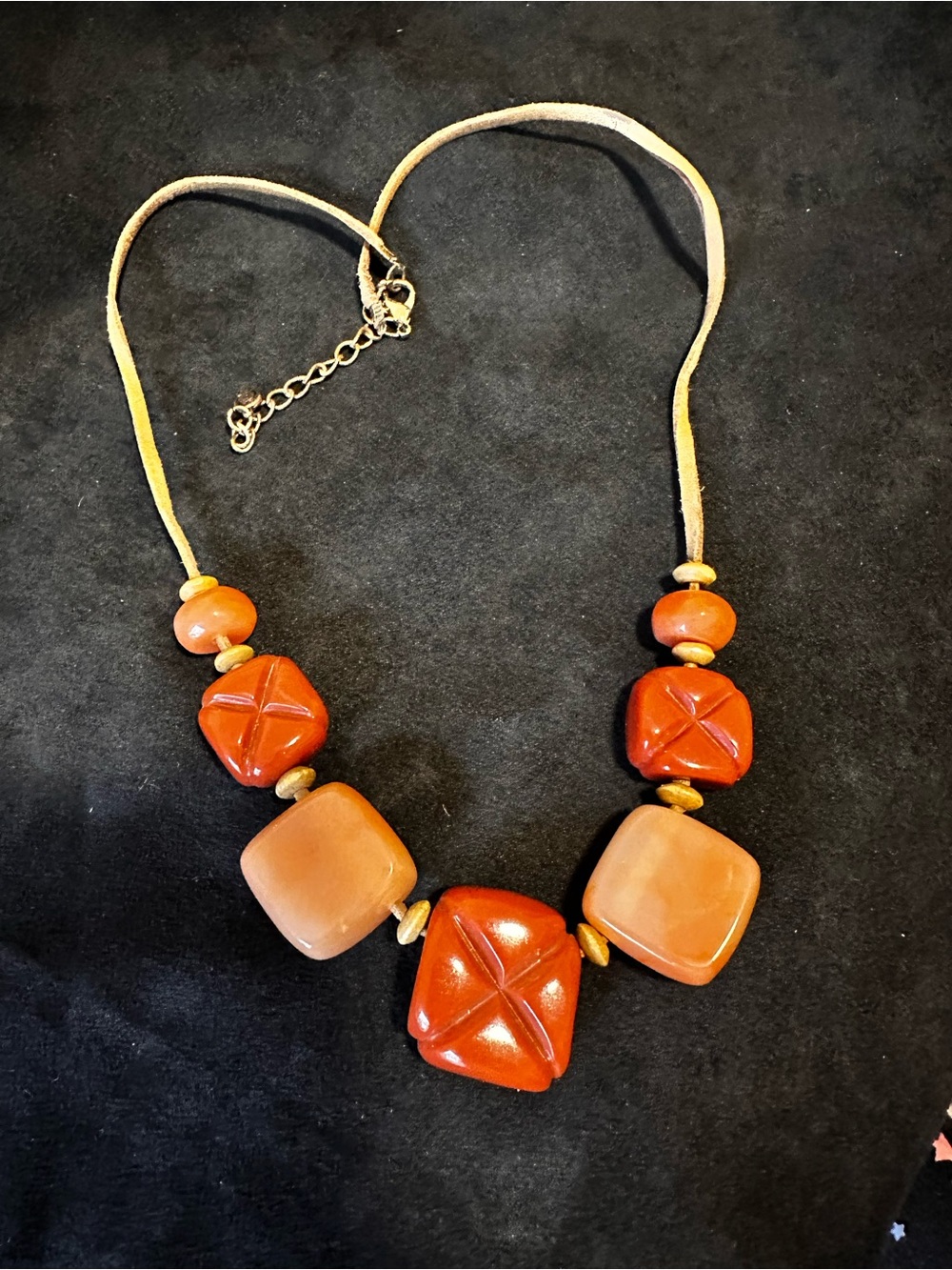 Artisan Orange & Peach Geometric Beaded Necklace on leather strand